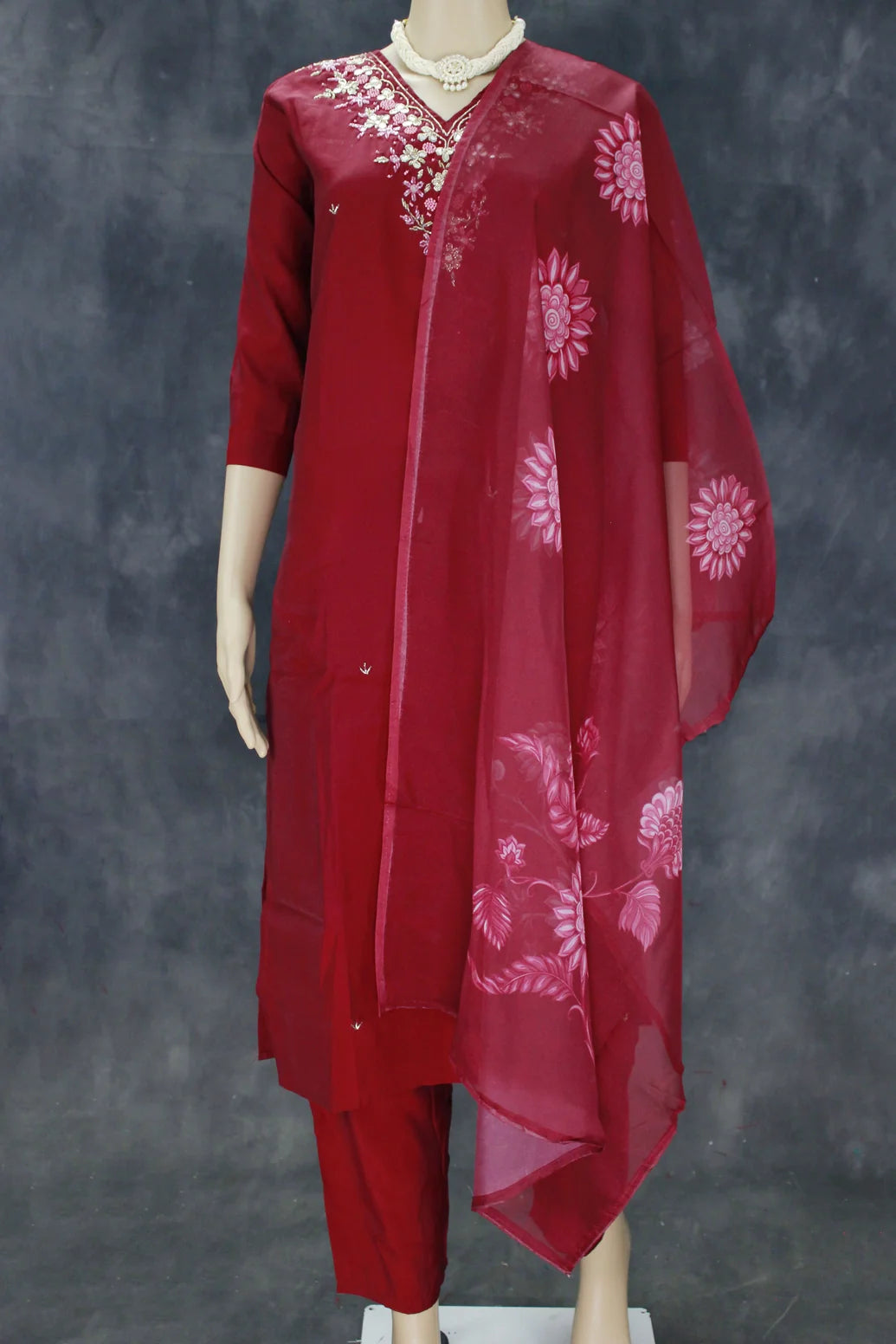 Maroon silk 3-piece salwar suit with aari mirror and pearl embroidery — Indian wedding guest outfit