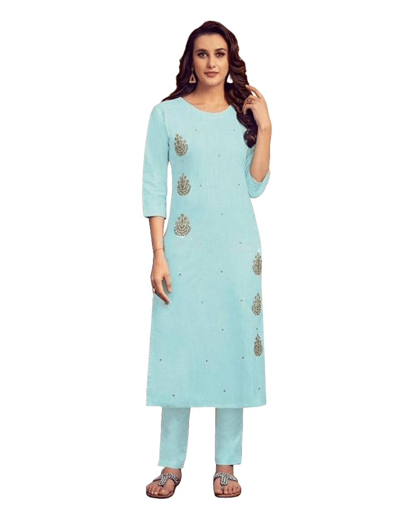 Pastel Blue Cotton Kurti with Hand Embroidery for NRI Women – JCS Fashions
