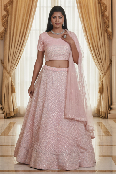 Pink designer A-line lehenga with sequin crop top — Navratri chaniya choli 2026
