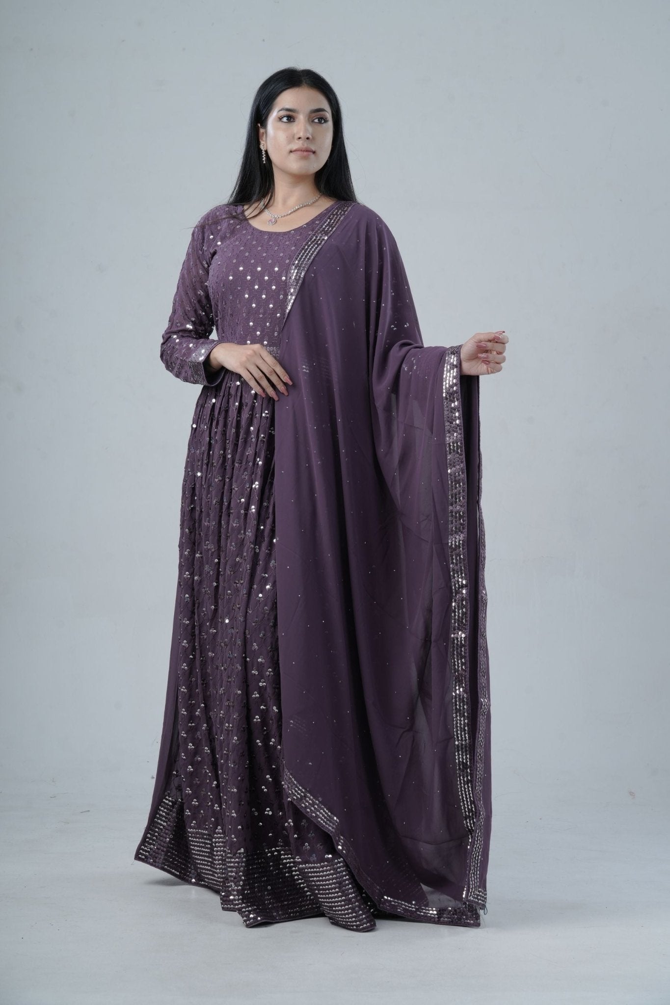 Purple georgette gown with sequins — Indian ethnic wear for Bay Area graduation