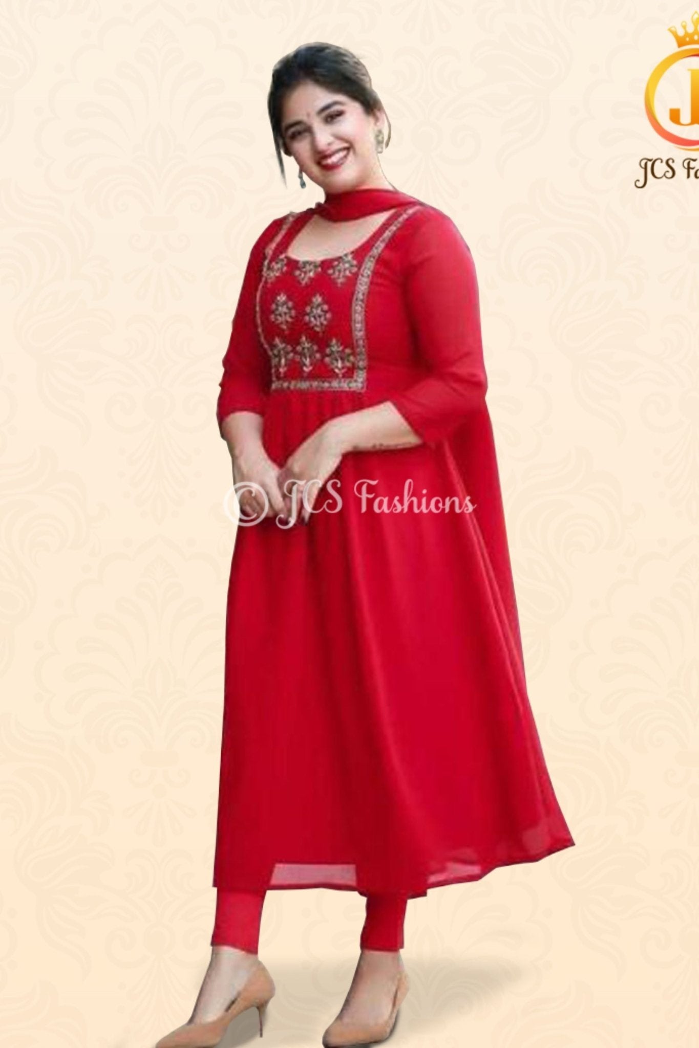 Embroidered red anarkali kurti with dupatta – festive Karwa Chauth three-piece set