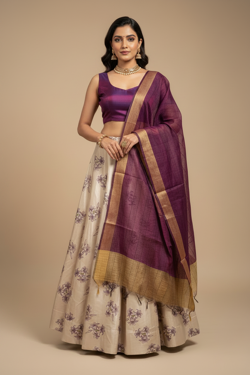 Purple printed silk lehenga with crop top for Navratri and garba nights