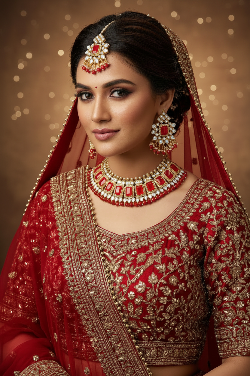 Kundan and imitation pearl neck set with earrings and tikka for Indian women