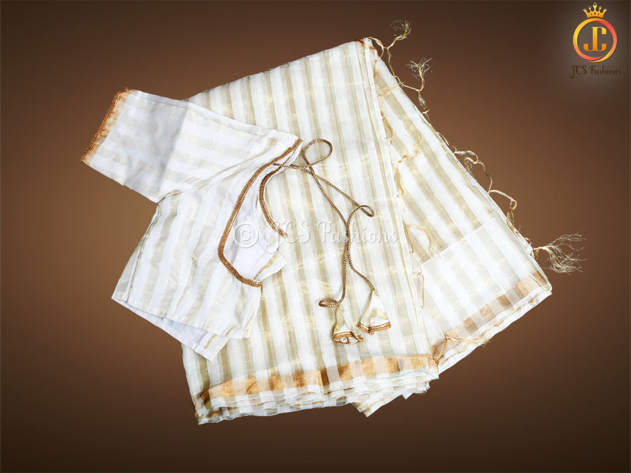 Cream modal silk saree with gold kasavu-style zari stripes for Onam 2026