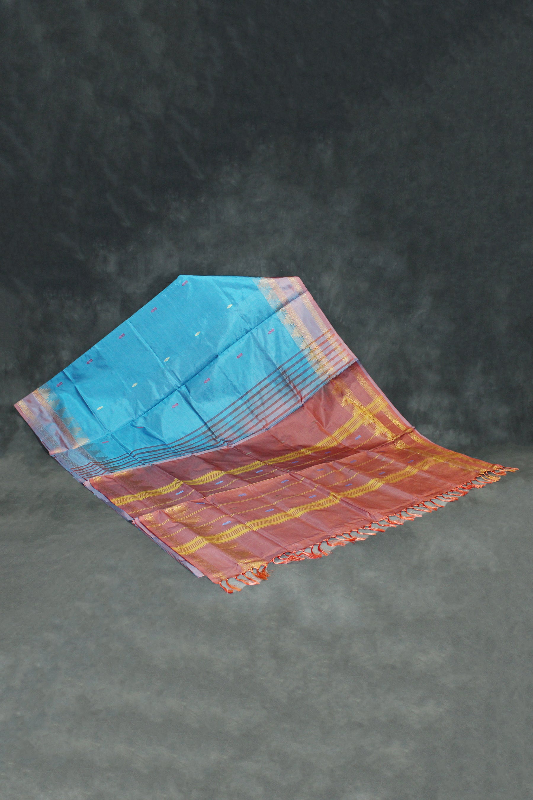 Blue & Brown Vaazhai Naar (Banana Pith) Saree with Zari Border and Small Butta