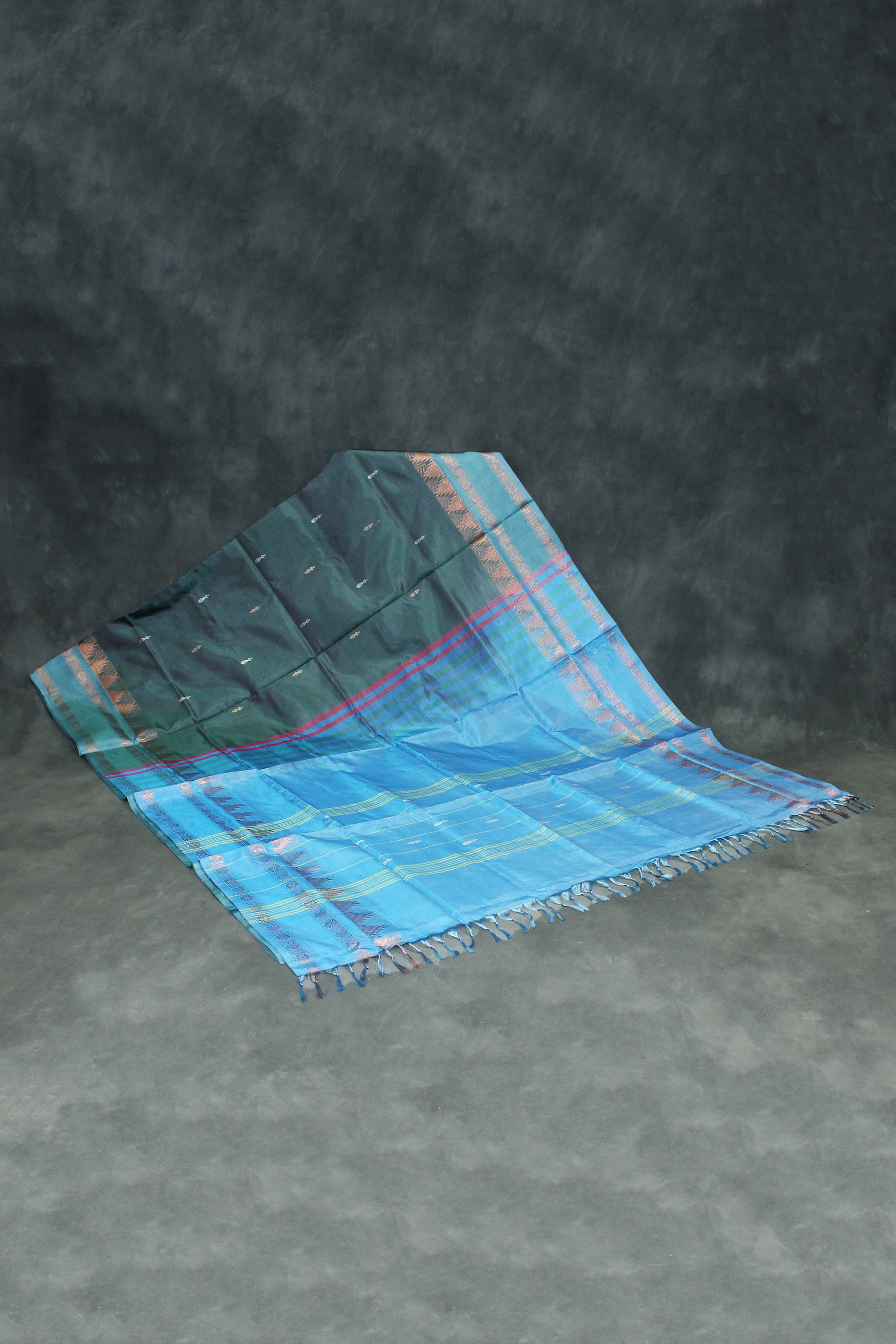 Dark Green Banana Pith (Vaazhai Naar) Saree with Zari Border and Full-Body Butta