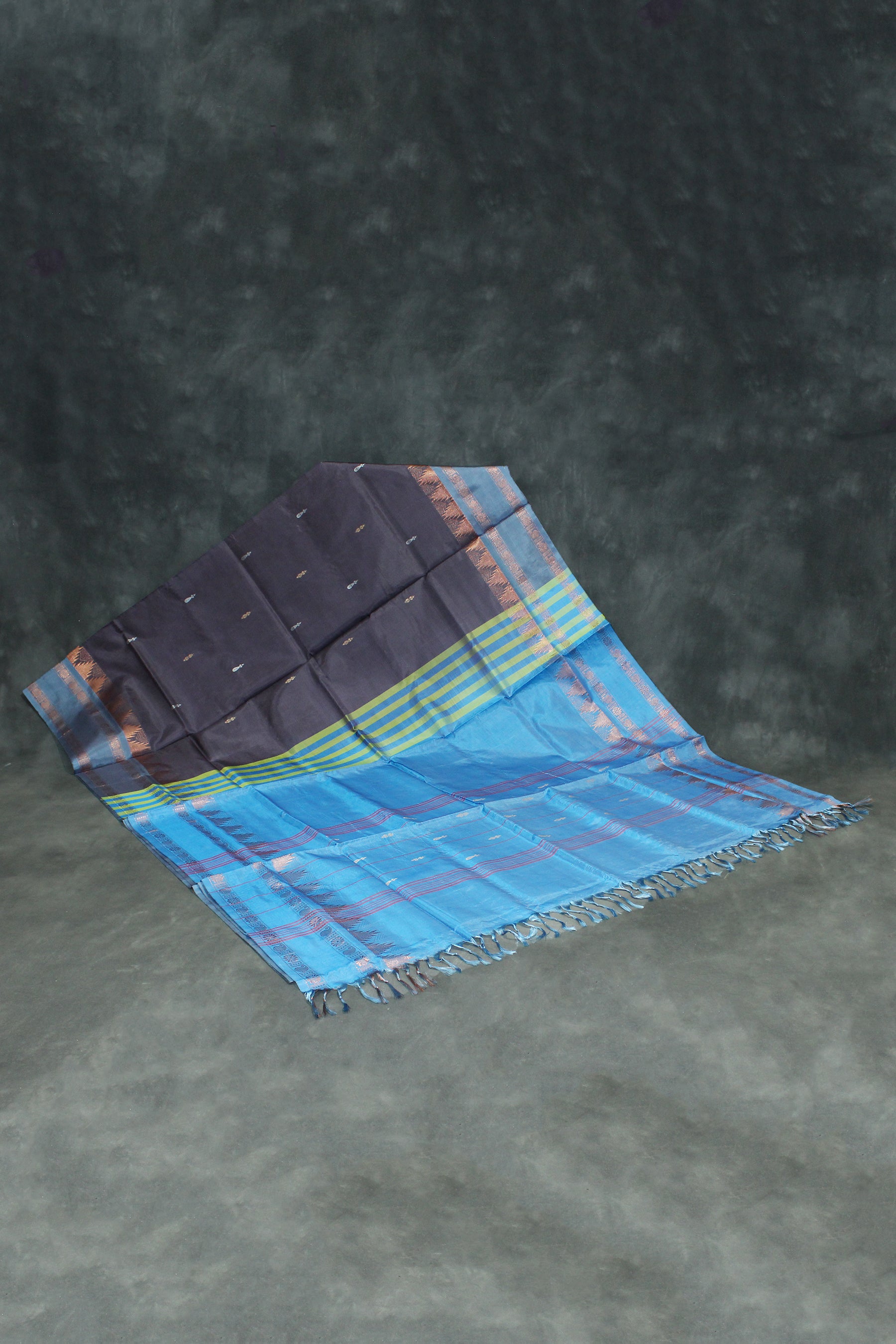 Blue Vaazhai Naar (Banana Pith) Saree with Copper Zari Border and Small Buttas - Dark Brown