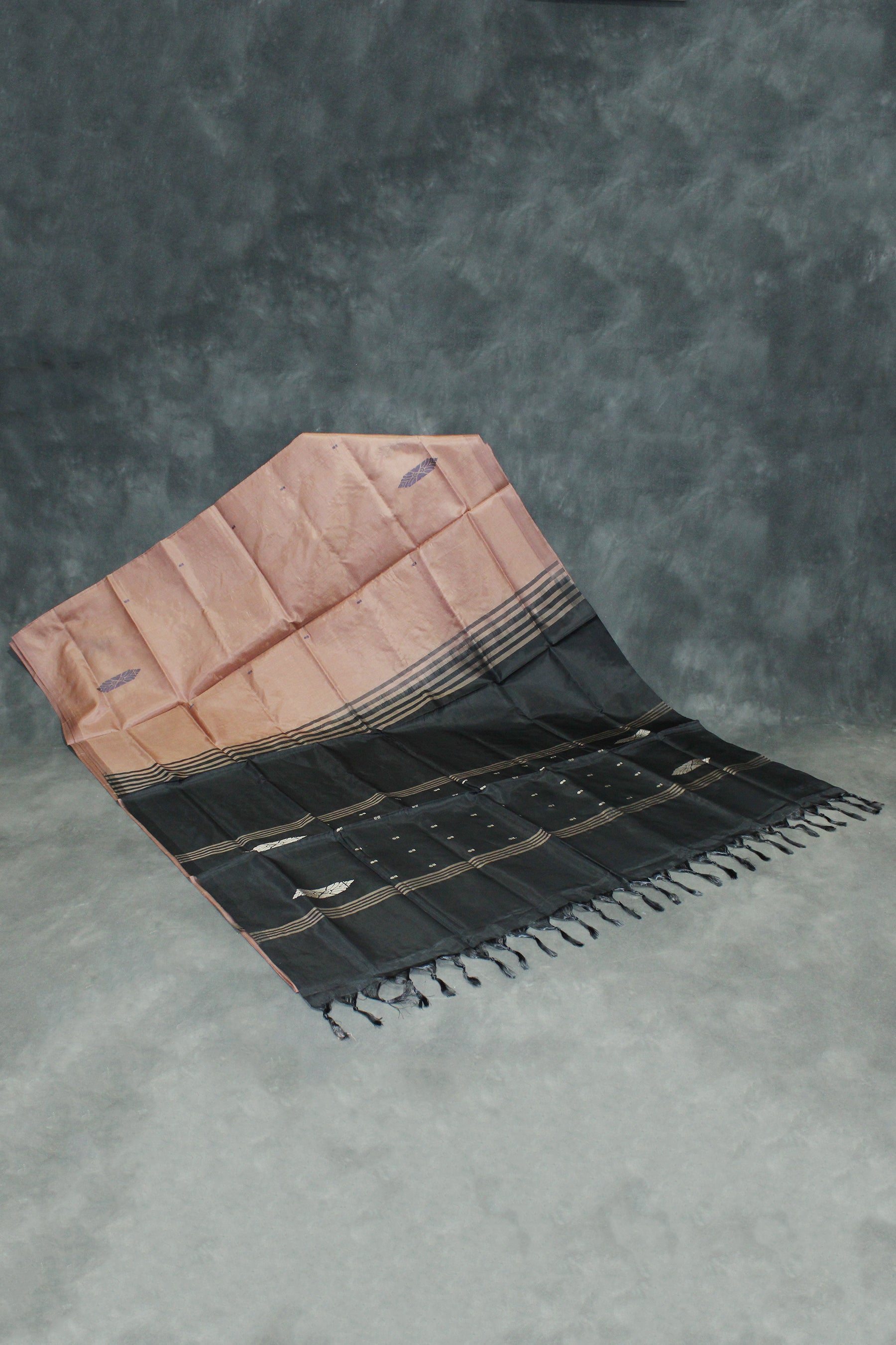 Black Vaazhai Naar (Banana Pith) Borderless Saree with Small Butta Motifs, Tasseled Pallu