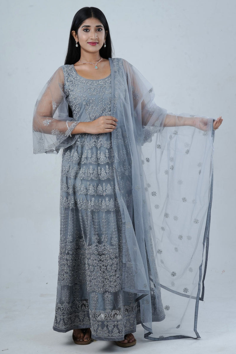 Luxurious Embroidered Long Gown with Stone Work