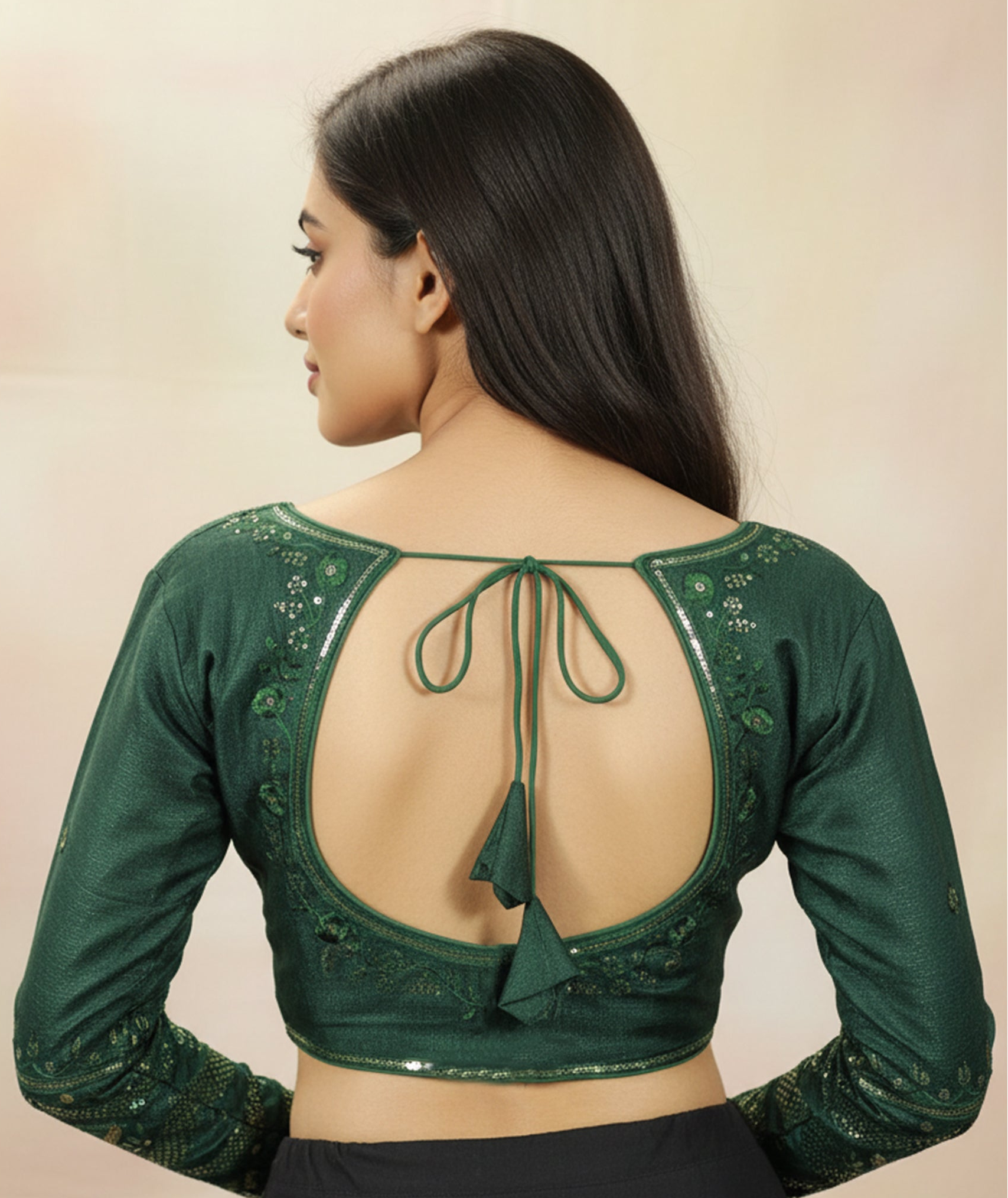 Green Sequence Padded Full Sleeve Designer Blouse with Back Knot, Readymade Fully Stitched