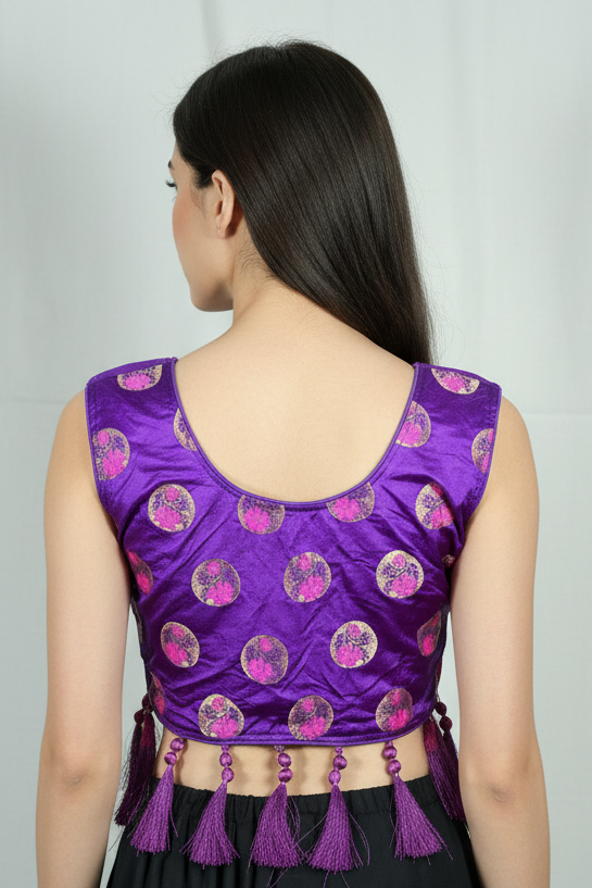 Purple Designer Padded Blouse with Jari Work & Tassels, Fully Stitched, Back Knot, Elbow Sleeves