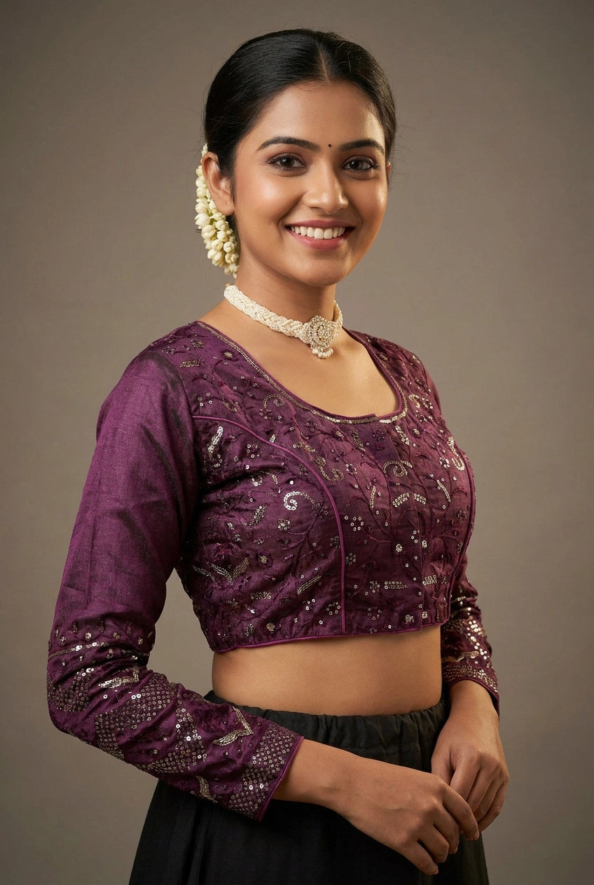 Purple Sequence Padded Full Sleeve Readymade Designer Blouse with Back Knot & Stitchable Fit