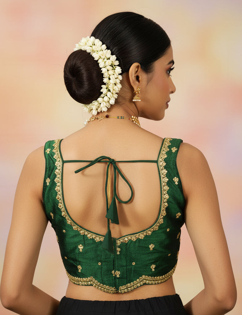 Green Sequin Floral Padded Readymade Blouse, Sleeveless with Back Knot, Fully Stitched Party Wear for Women