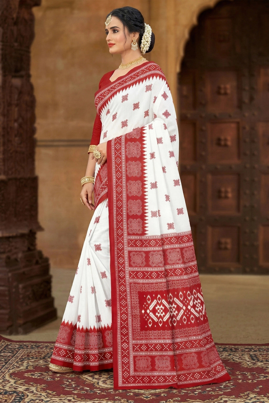 Red Velvet Pure Cotton Printed Saree with Contrast Border for Traditional Wear (Blouse Not Included)