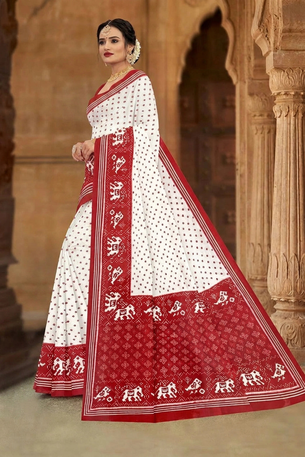 White & Red Pure Cotton Printed Saree with Contrast Border, Velvet-Style Pattern, No Blouse Included