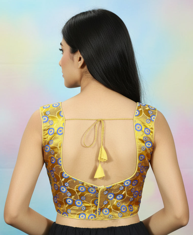 Yellow Designer Padded Blouse with Zari Finish, Circular Motifs, Sleeveless Back Knot, Readymade for Women