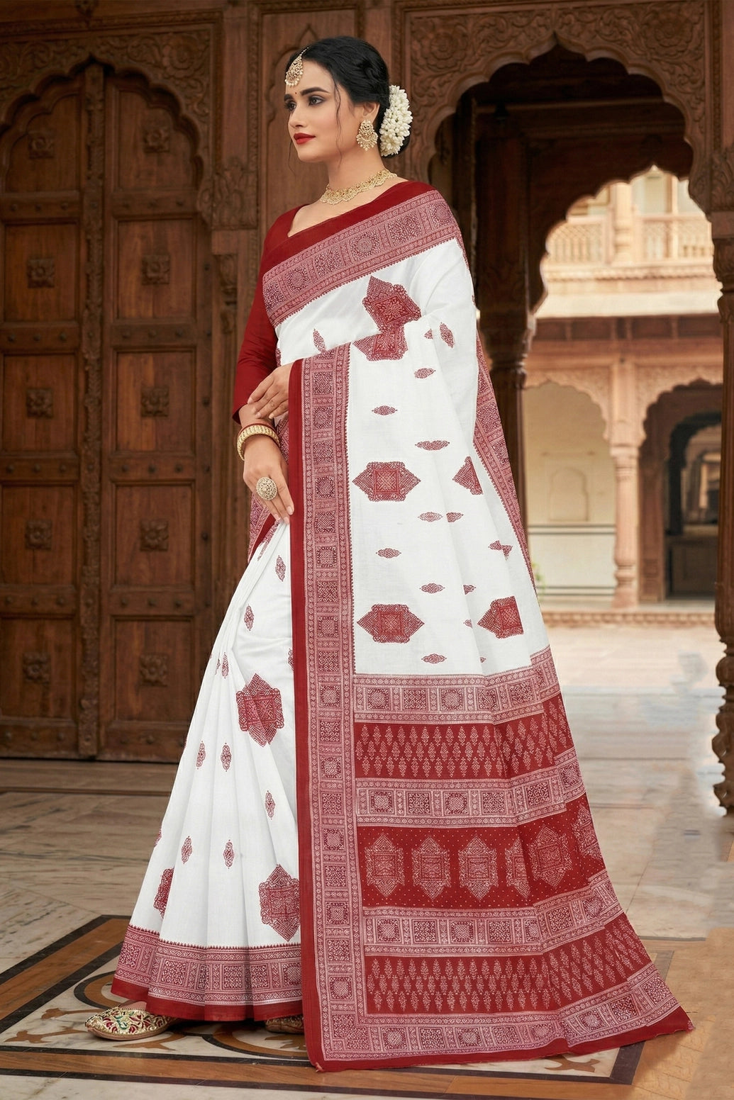 White & Red Pure Cotton Printed Saree with Border | Traditional Velvet-Style