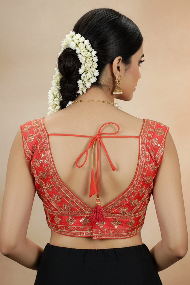 Orange Readymade Padded Designer Blouse with Gold Thread Embroidery & Sequin Work, Back Knot, Sleeveless