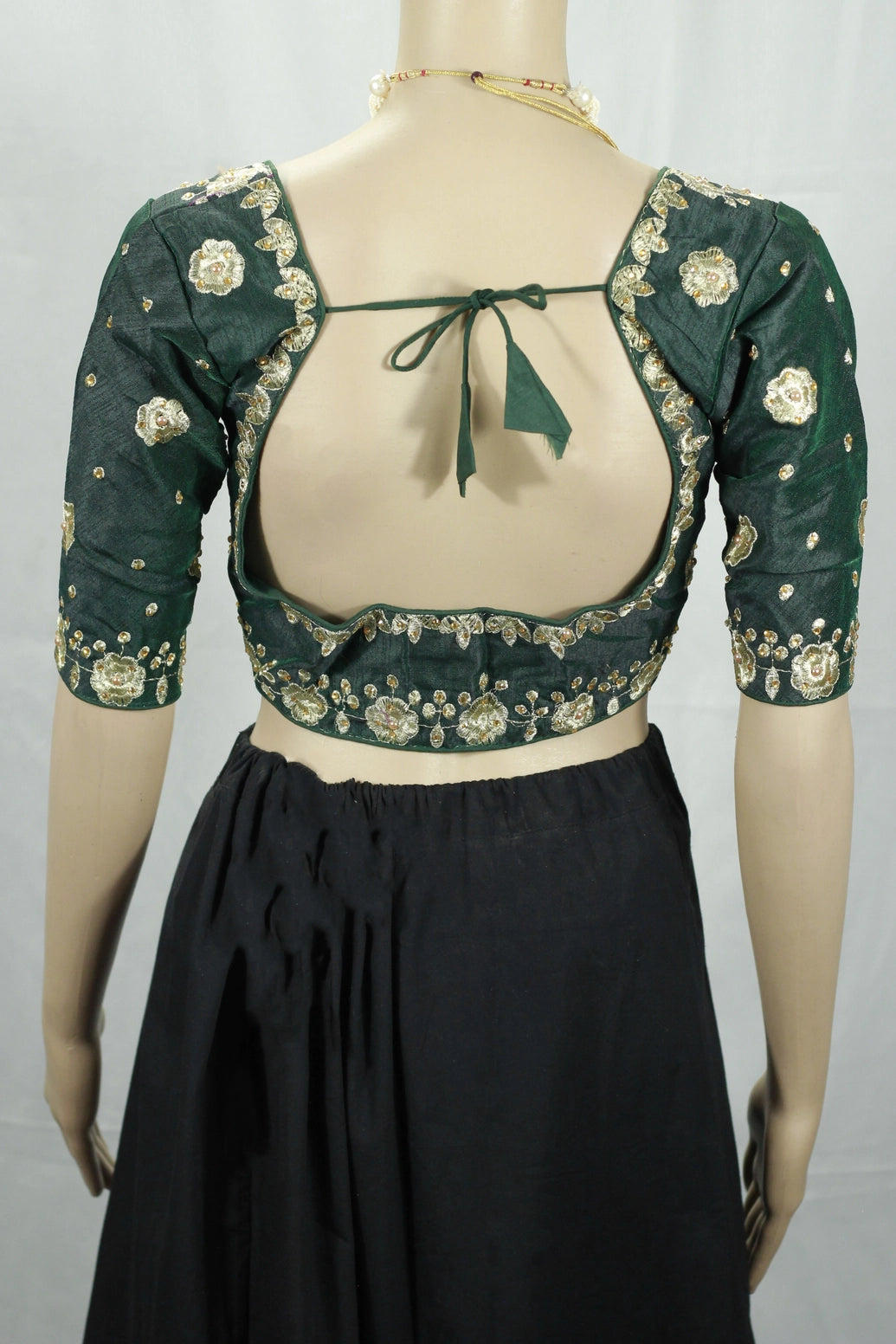 Green Embroidered Padded Readymade Blouse with Sequins, Elbow Sleeve, Back Tie Knot, Floral Design
