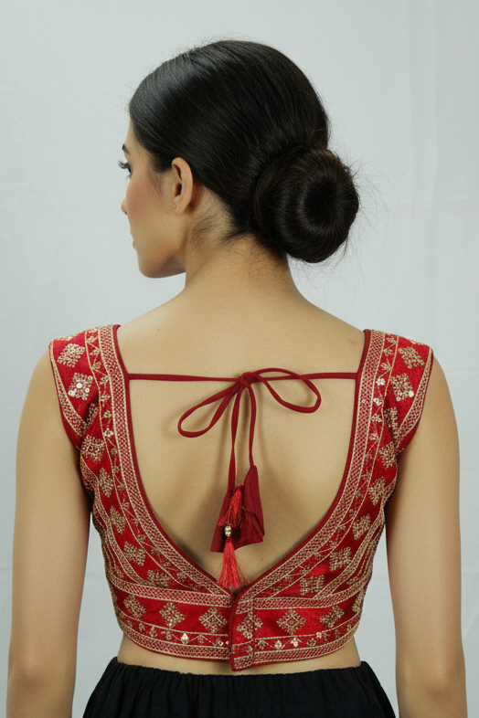 Maroon Designer Padded Sleeveless Blouse with Heavy Gold-Thread Embroidery & Sequin Work