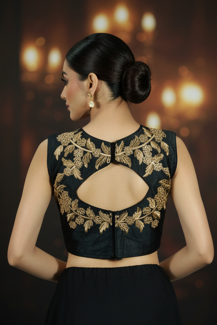 Black Designer Padded Sleeveless Blouse with Golden Aari Work and Bead Floral Motifs, Back Knot