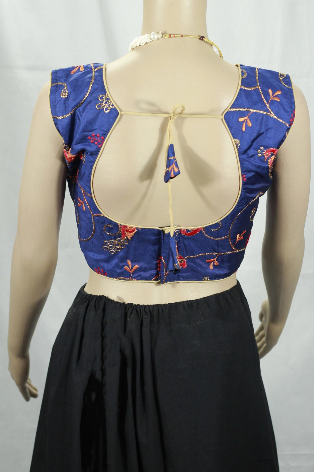 Navy Blue Readymade Designer Padded Blouse with Abstract Floral Thread Work, Sleeveless Back Knot