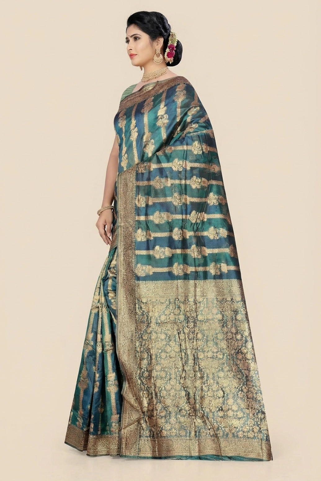 Peacock Blue Organza Silk Designer Saree with Floral Weave, Zari Border and Grand Pallu