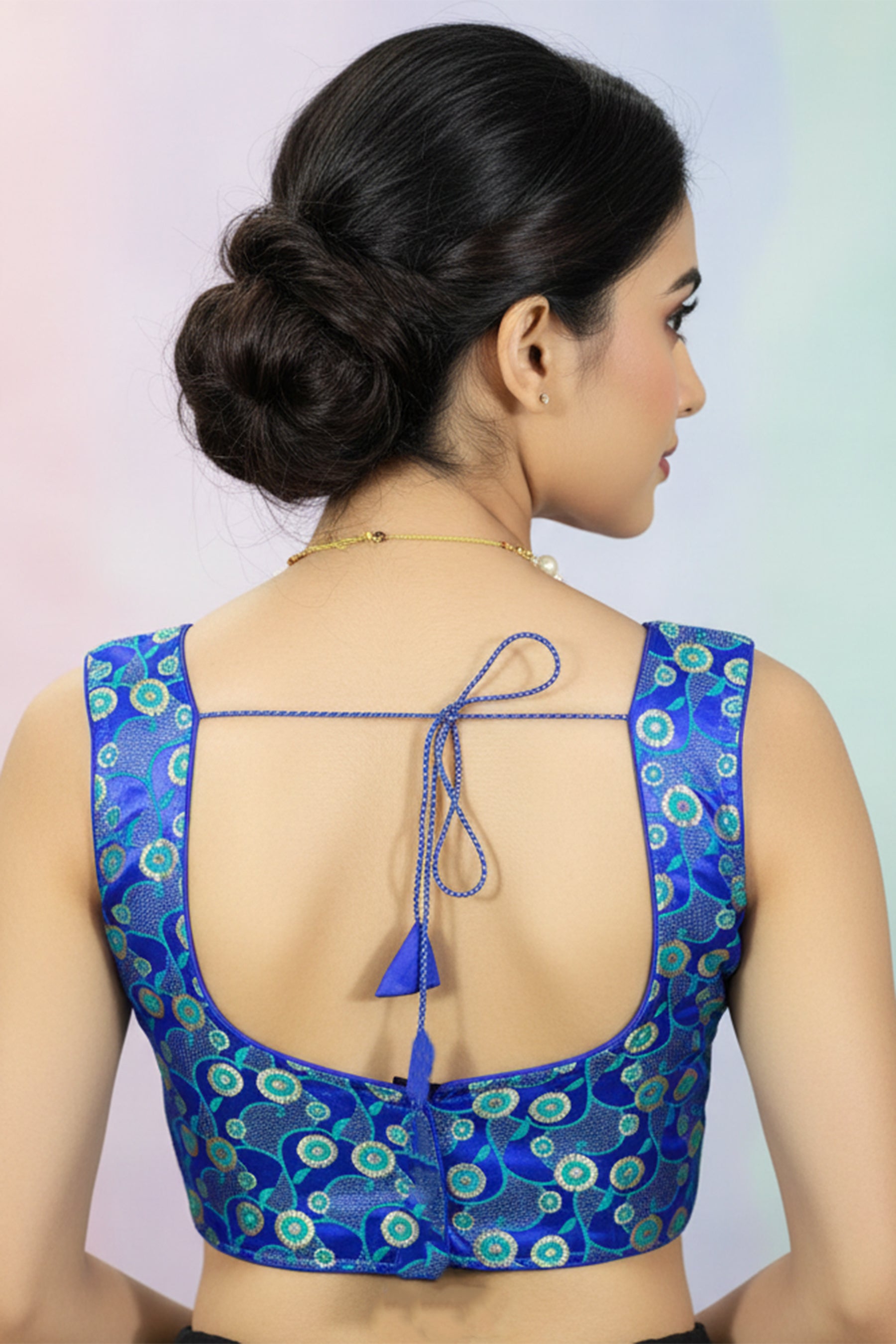 Bright Royal Blue Designer Padded Readymade Blouse with Intricate Circular Motifs and Zari Finish, Back Knot