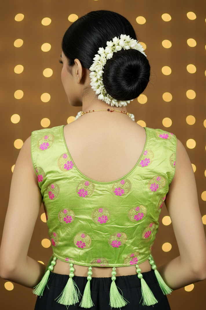 Pista Green Designer Padded Ready Blouse with Heavy Jari Work, Tassel Detailing and Back Knot