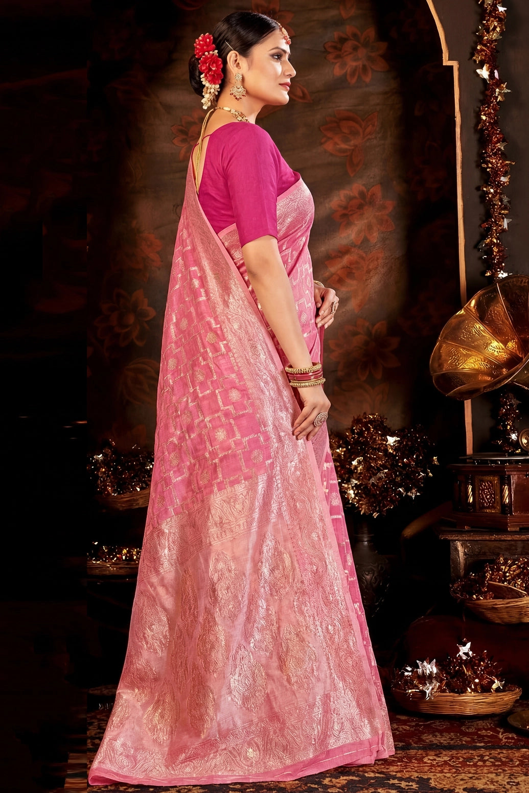 Rose Pink Crush Cotton Candy Weave Saree with Blouse, Lightweight Traditional Ethnic Wear for Women