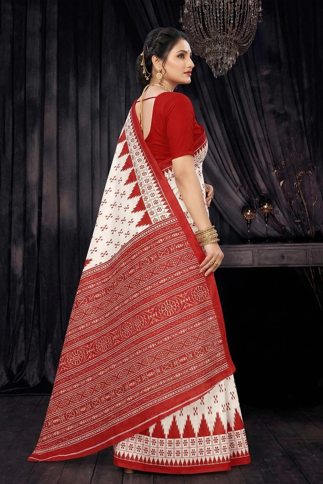Red & White Cotton Printed Saree with Contrast Border for Traditional Daily and Festive Wear