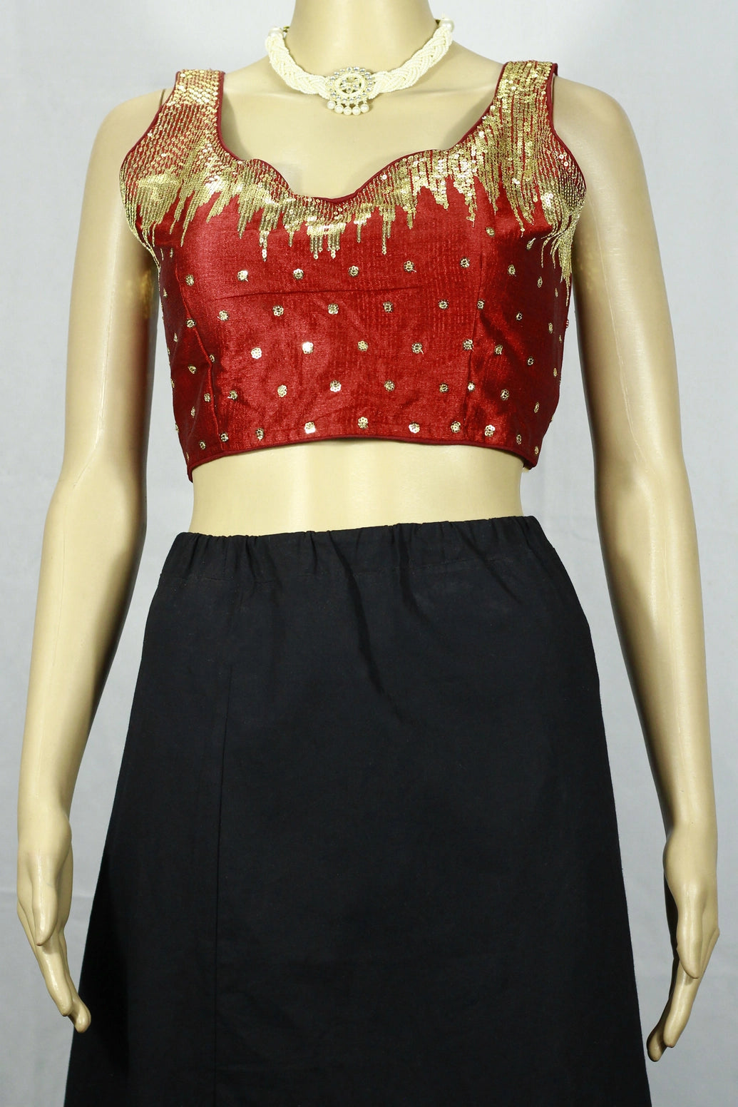 Maroon Readymade Designer Padded Blouse with Zari Scalloped Embroidery, Sleeveless, Back Knot Style (Fully Stitched)