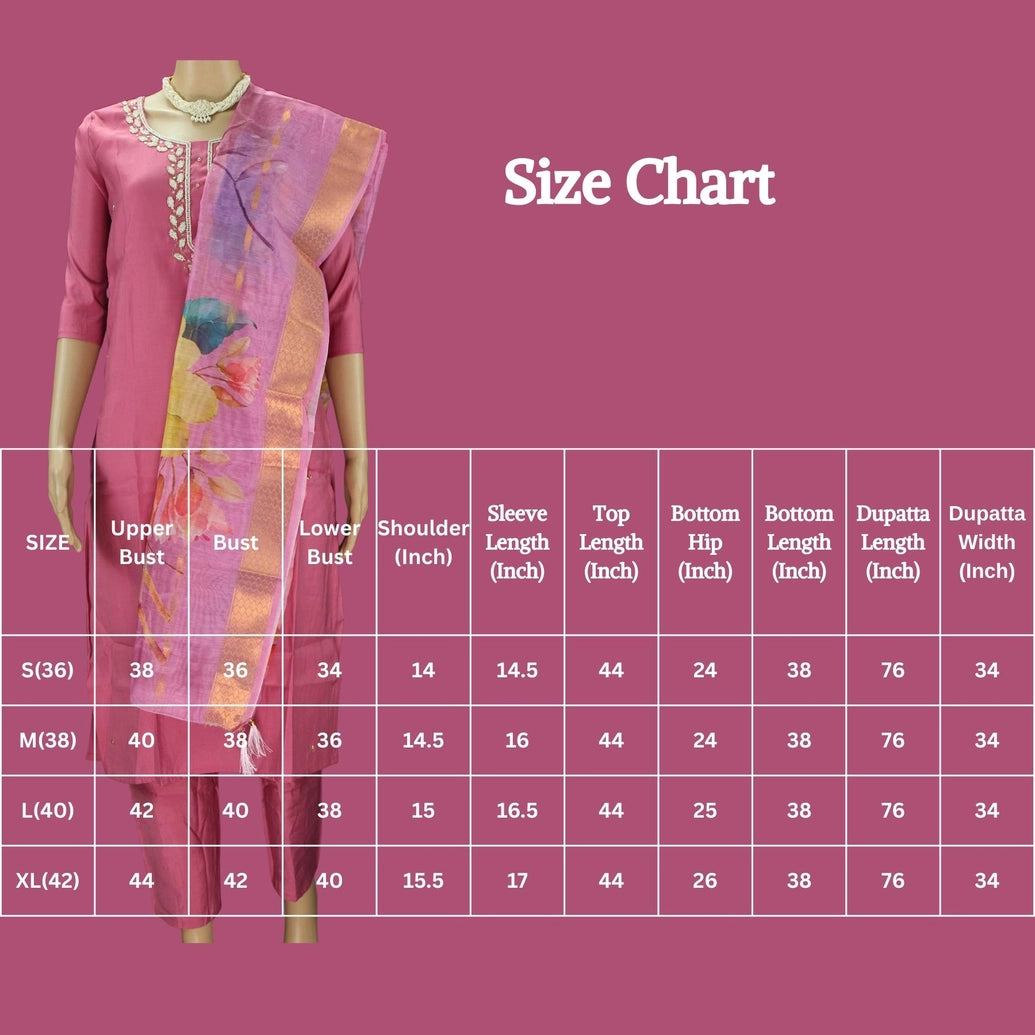 Soft Pink Roman Silk 3-Piece Salwar Kameez Set with Aari & Pearl Neck Embroidery and Organza Digital Dupatta Kurti JCS Fashions