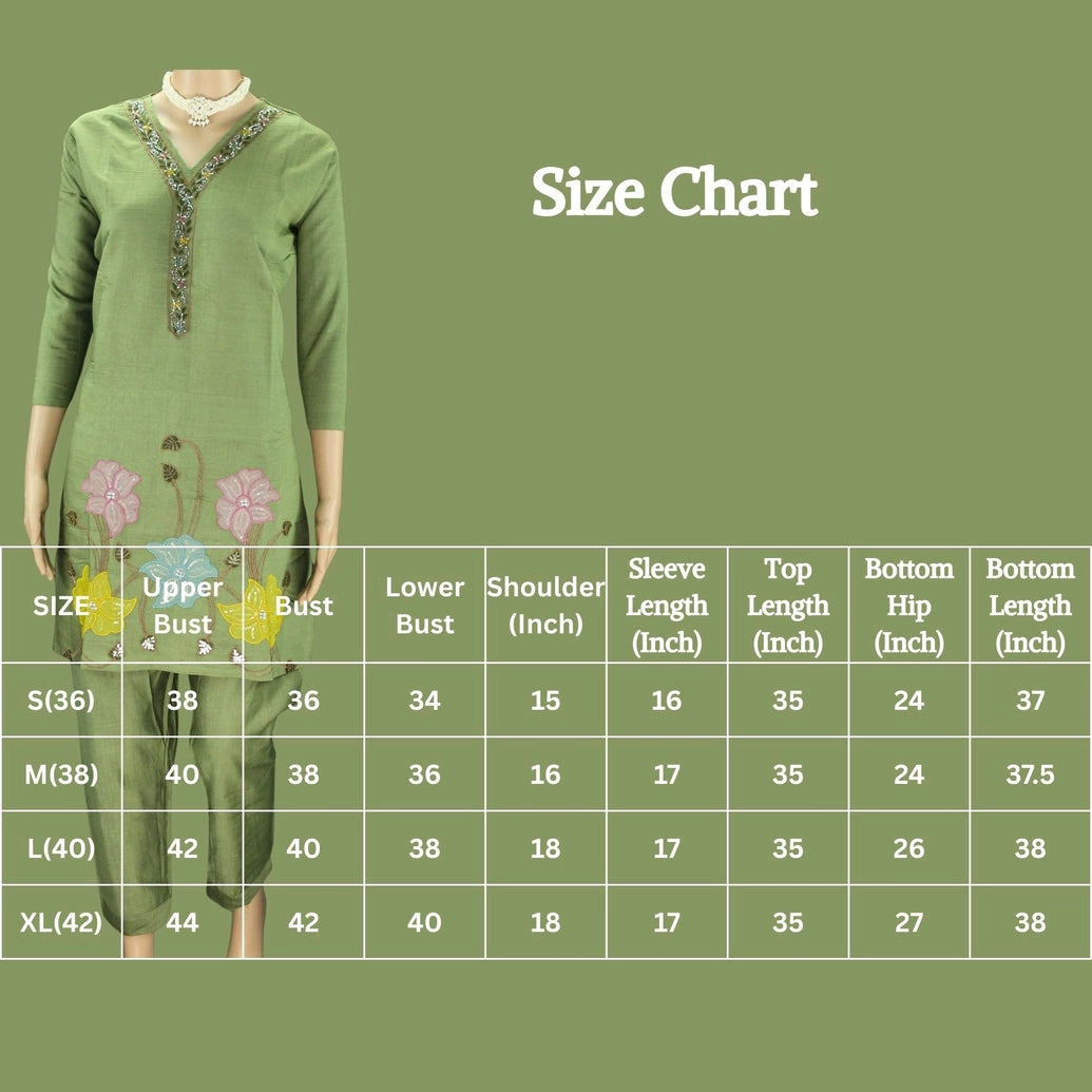 Olive Green Embroidered Cotton Kurti Set with Elastic Pant - V-Neck, Bead & Aari Work Kurti JCS Fashions