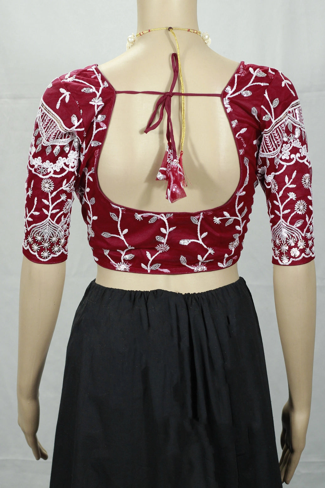 Maroon Readymade Designer Padded Blouse with Aari Work, Floral Embroidery, Elbow Sleeves & Back Knot