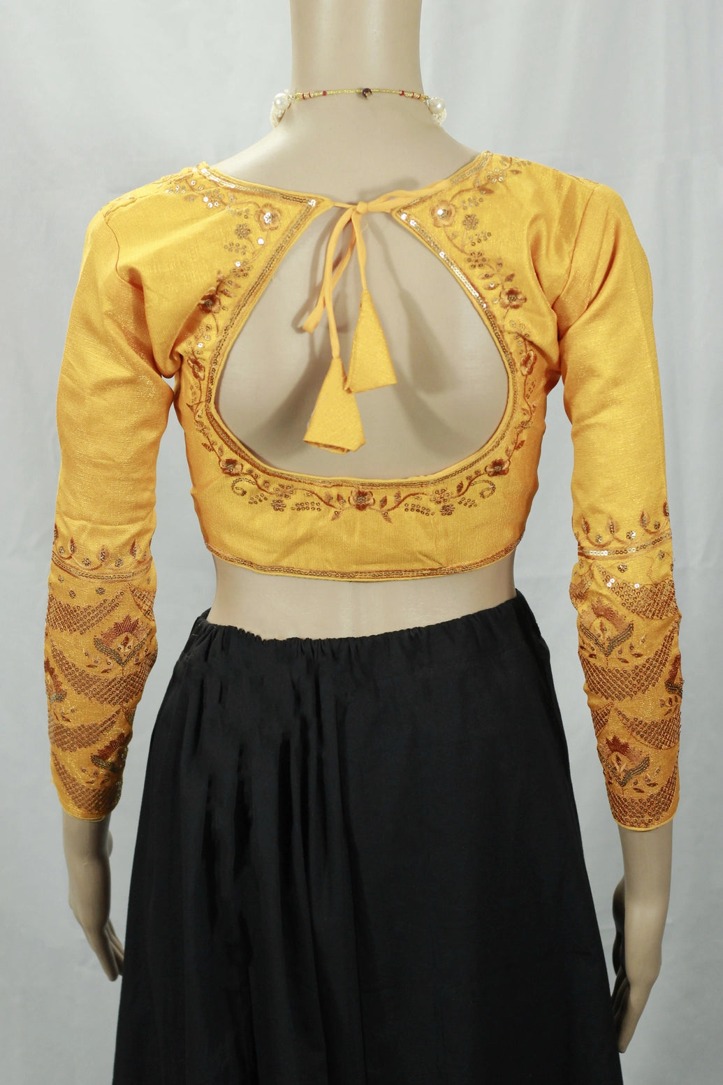 Yellow Sequined Padded Designer Blouse with Full Sleeves and Back Knot, Readymade Stitched