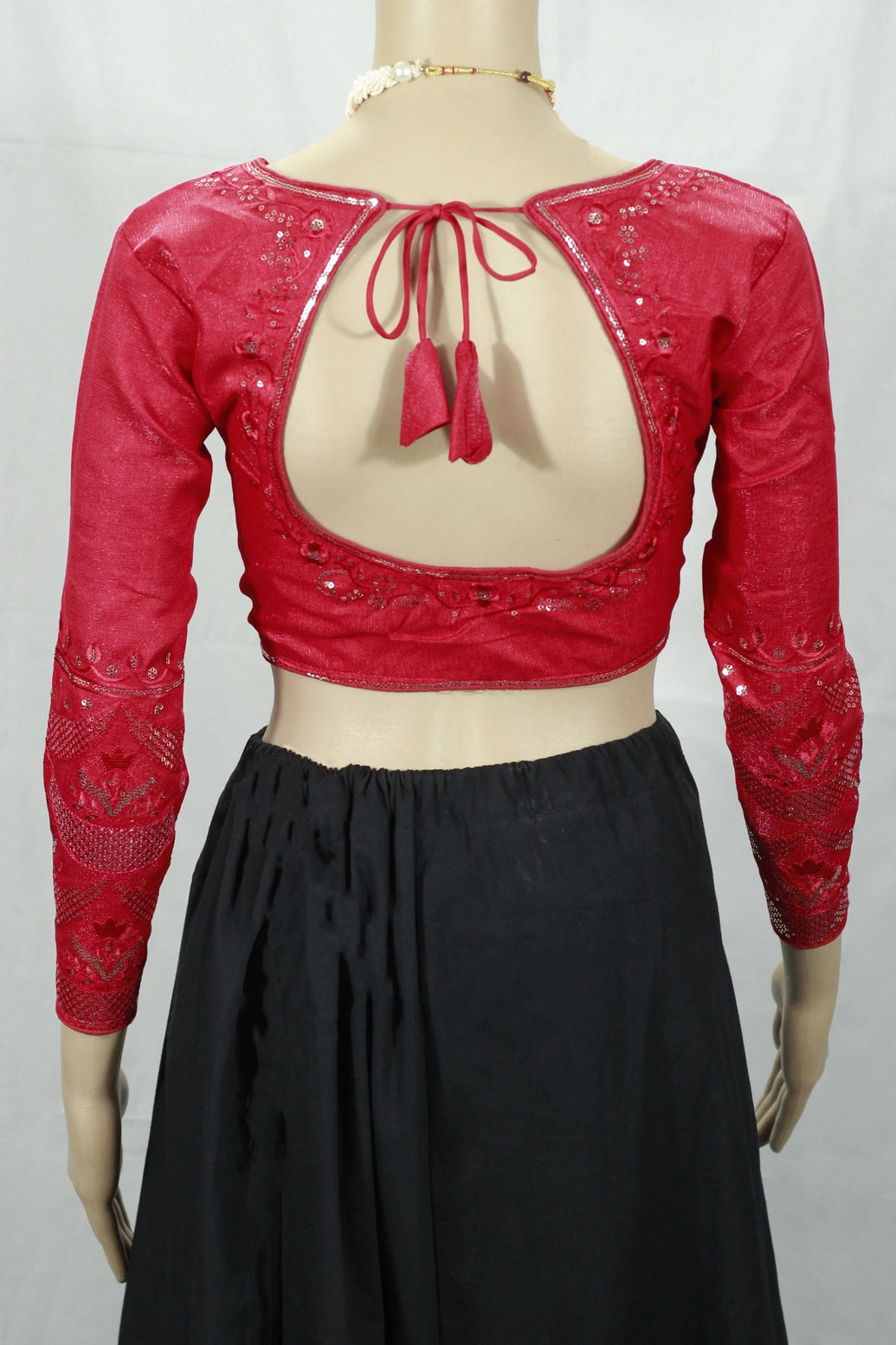 Red Sequence Work Full Sleeve Readymade Padded Blouse with Back Tie and Knot (Fully Stitched) for Saree and Lehenga