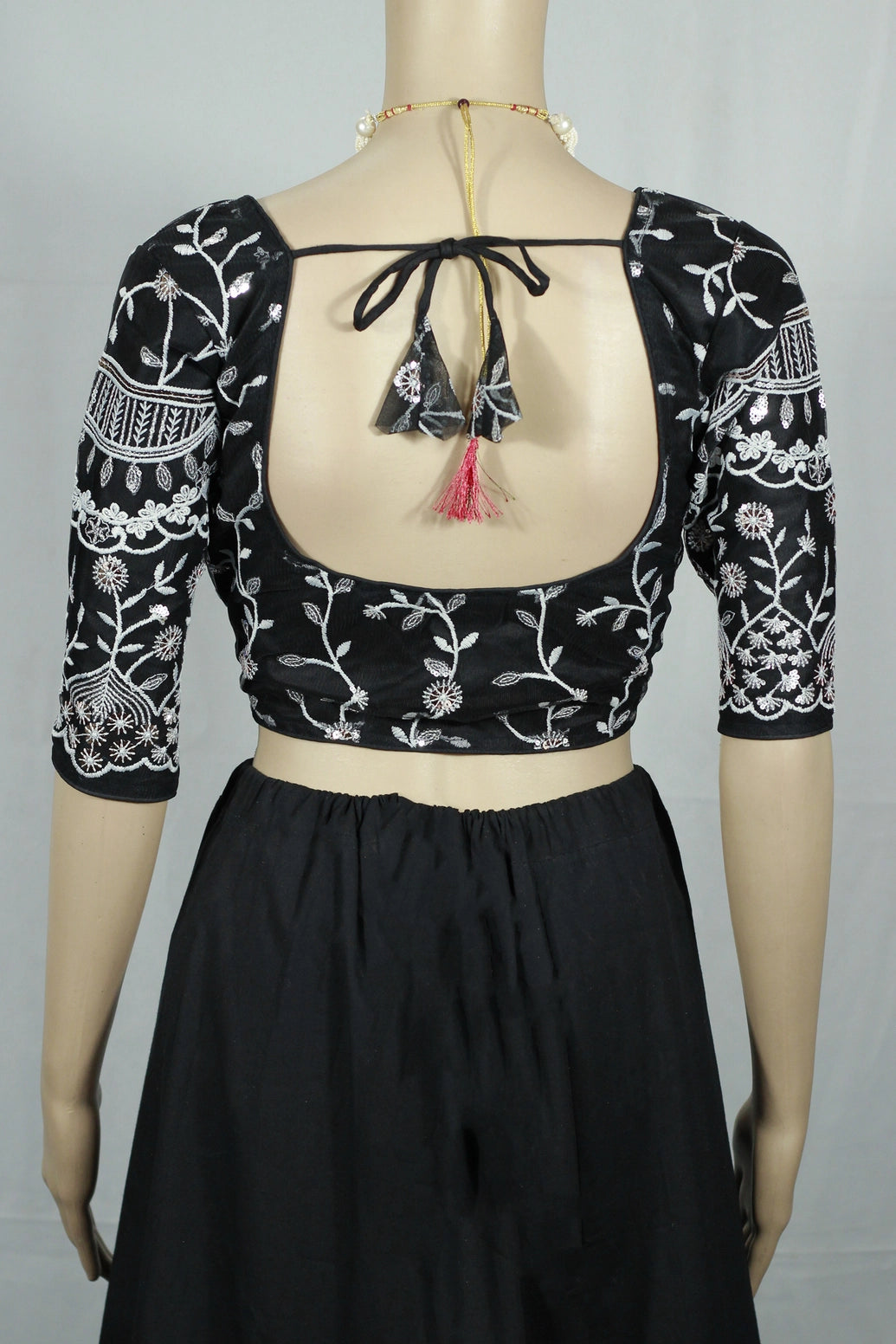 Black Readymade Designer Padded Blouse with Aari Floral Embroidery, Elbow Sleeves and Back Knot