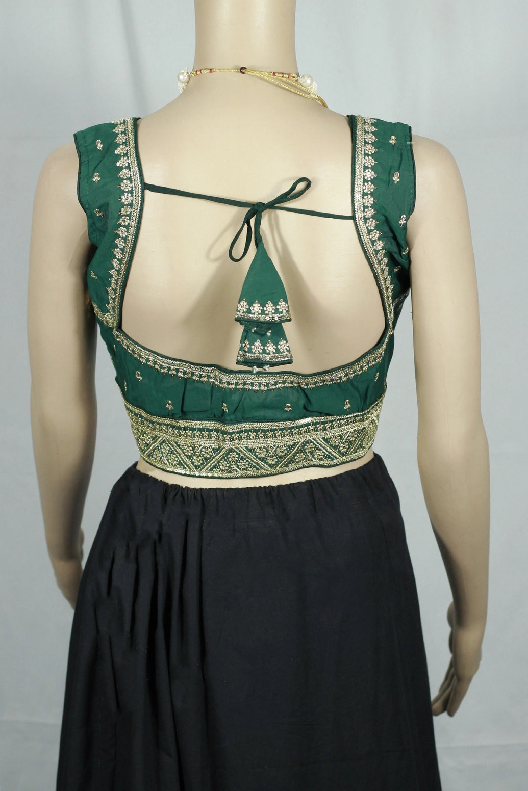 Green Readymade Designer Padded Blouse with Deep Neckline and Zari Border Work, Back Knot, Fully Stitched