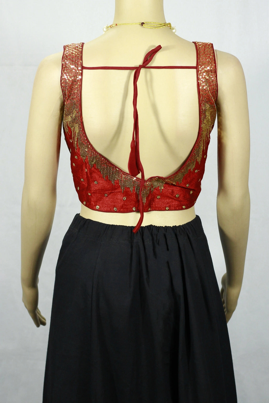 Maroon Readymade Designer Padded Sleeveless Blouse with Zari Embroidery Scalloped Pattern and Back Knot