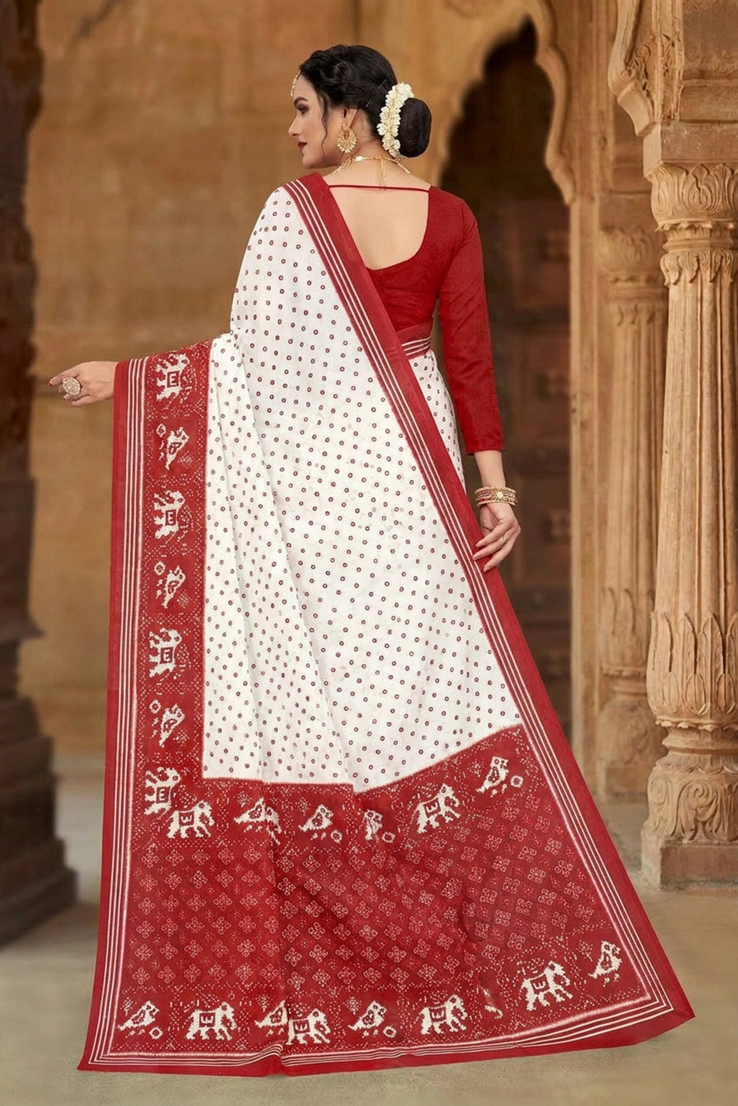 White & Red Pure Cotton Printed Saree with Contrast Border, Velvet-Style Pattern, No Blouse Included