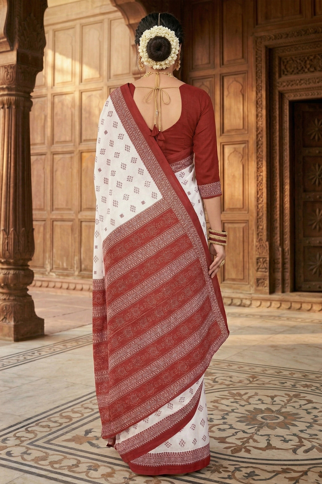 Red & White Pure Cotton Printed Saree with Border, 5.5 Meters, Traditional Daily Wear Women Saree