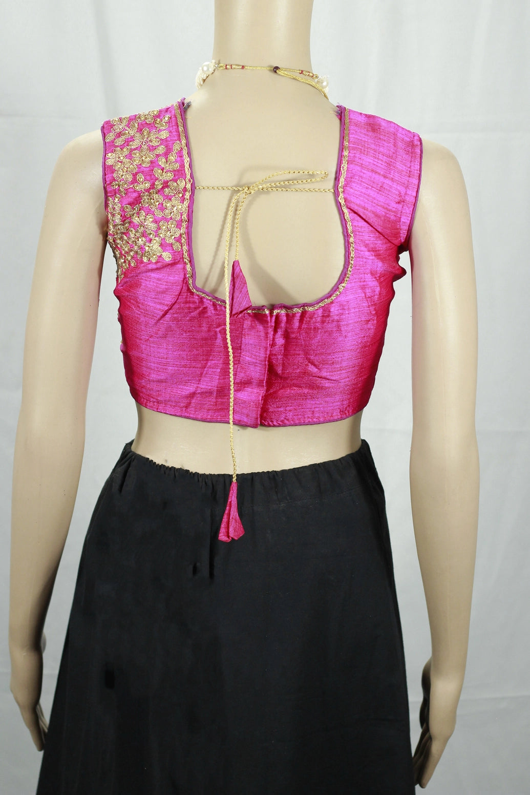 Pink Readymade Designer Padded Blouse with Golden Aari Work Floral Motifs, Back Knot, Sleeveless