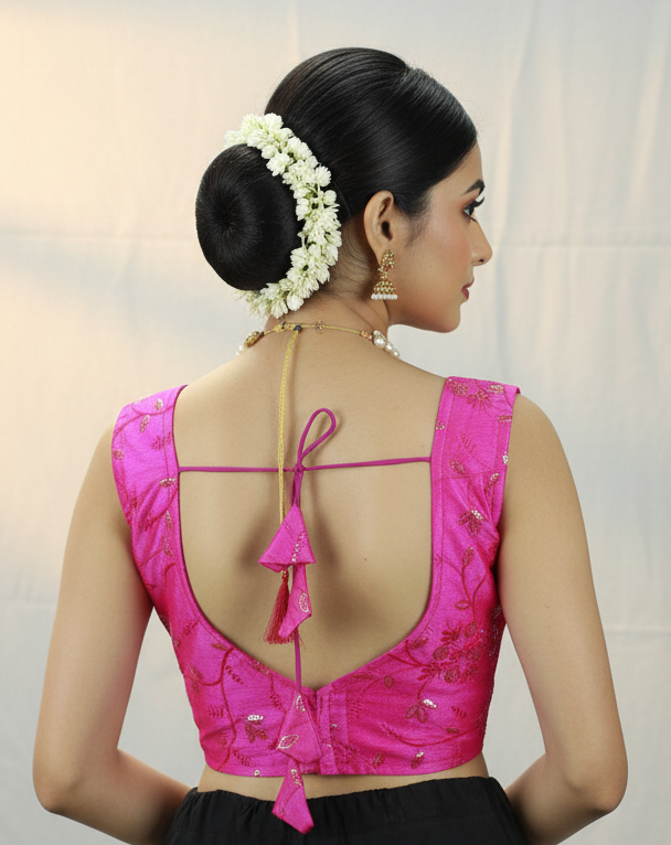 Pink Readymade Designer Padded Blouse with Embroidery, Sleeveless Back Knot and Fully Stitched Finish