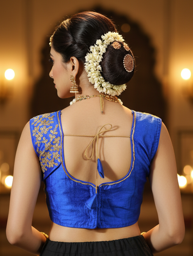 Royal Blue Designer Padded Blouse with Aari Work Floral Motifs, Back Knot, Readymade Fully Stitched
