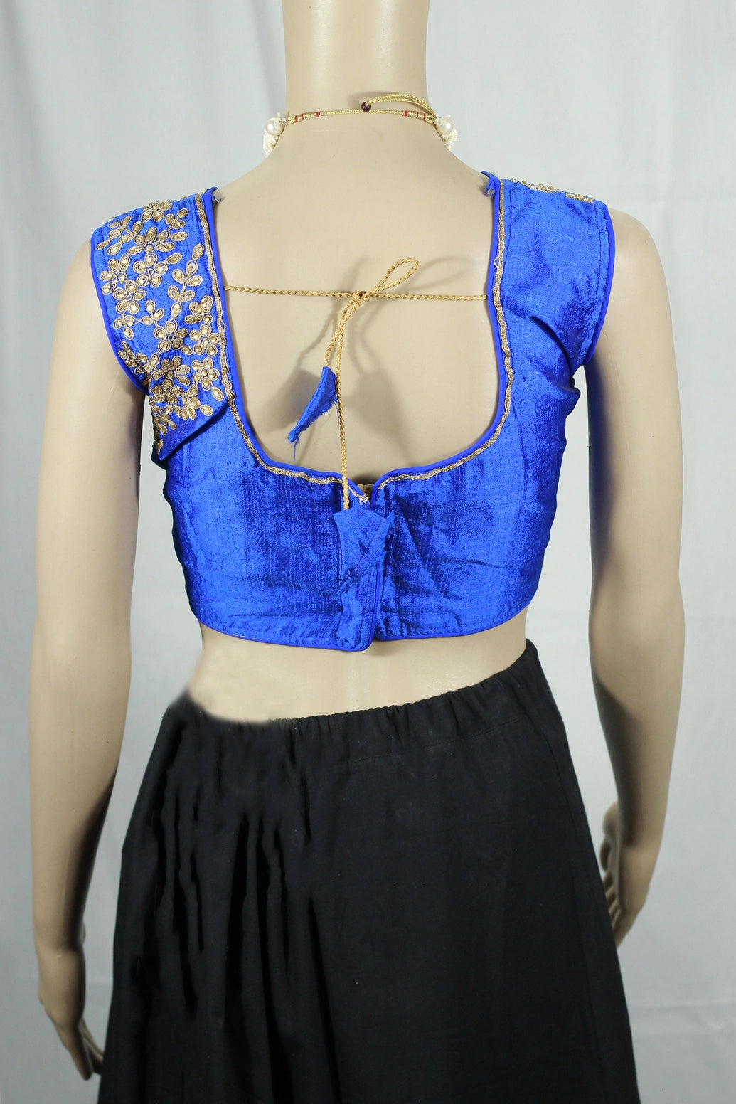 Royal Blue Designer Padded Blouse with Aari Work Floral Motifs, Back Knot, Readymade Fully Stitched