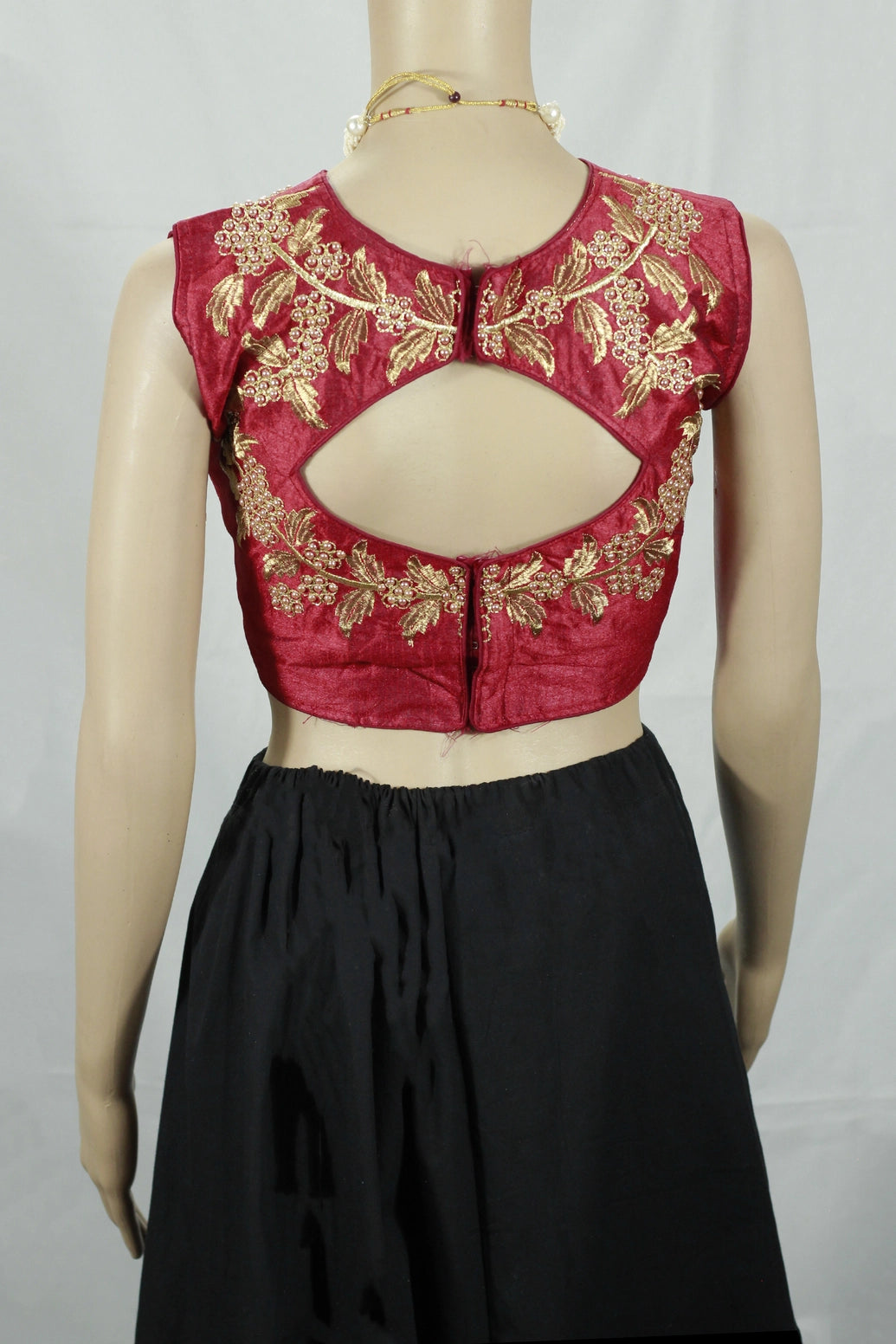 Maroon Readymade Padded Designer Blouse with Golden Aari Floral Embroidery, Sleeveless, Back Knot