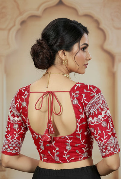 Red Readymade Designer Padded Blouse with Aari Floral Embroidery, Fully Stitched Back Knot and Elbow Sleeves