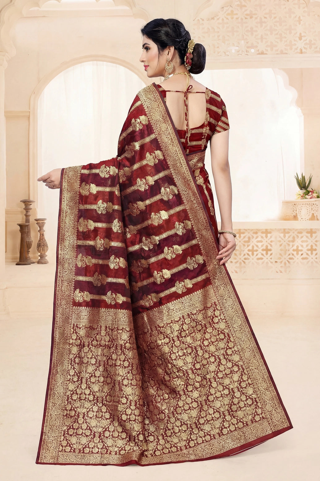 Purple Bulbul Organza Silk Designer Saree with Floral Full Body Work and Zari Border, Comes with Blouse