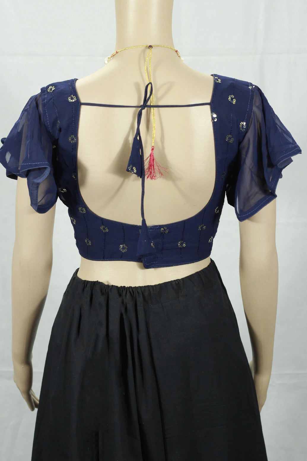 Dark Blue Designer Padded Embroidered Sleeveless Blouse with Back Knot and Fully Stitched Finish